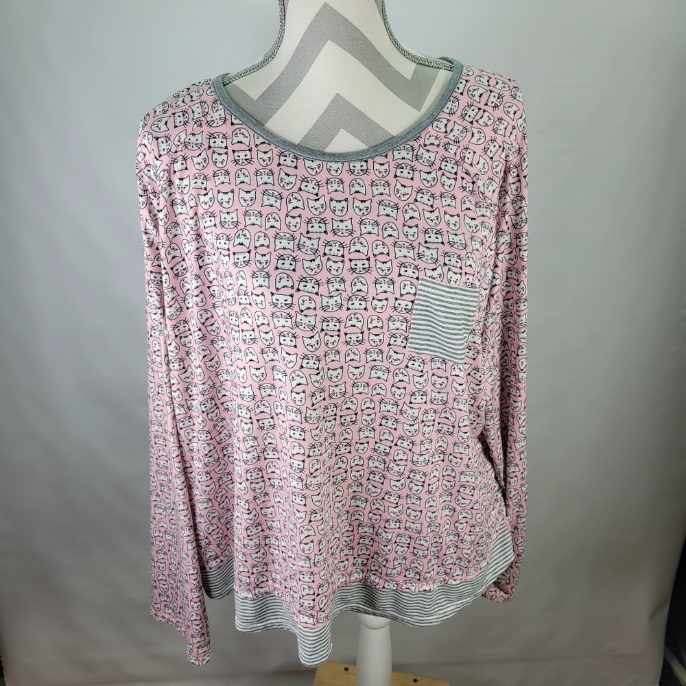 Cuddl Duds Cat Head Striped Lounge Knit Top Size 2XL